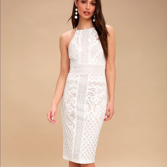 Primrose Nude and White Lace Bodycon Midi Dress - Picture 1 of 5